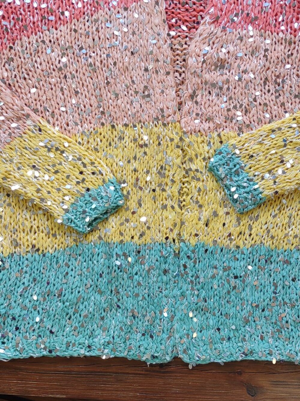 FARM Rio Brazil Sequin Cardigan Colorblock Stripe Boho *Flaws  Size G-Medium - Picture 9 of 16